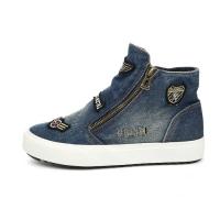 Baskets Sneakers Femme Jean Vintage Patch Bleu Fonce