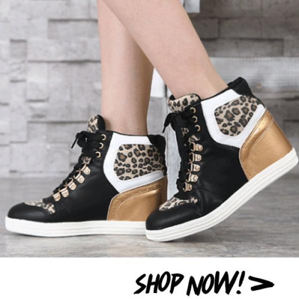 Baskets Femme montantes cuir leopard Noir Blanc Hip Hop Swag Sneakers