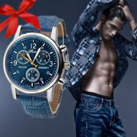 Montre Homme Analogique Mouvement Quartz Bracelet Cuir Faux croco Bleu